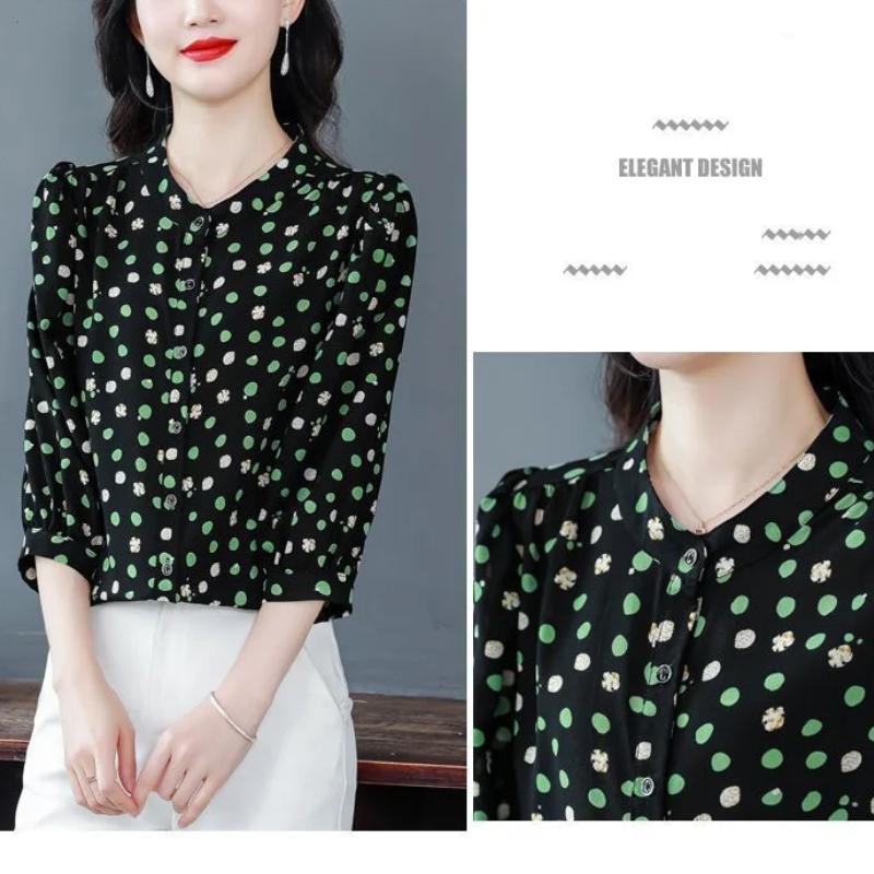 M-4XL Print Chiffon Shirt Women's Top Spring Autumn New Fashion Age Reducing Temperament 3/4 Sleeve Bottoming Blouse