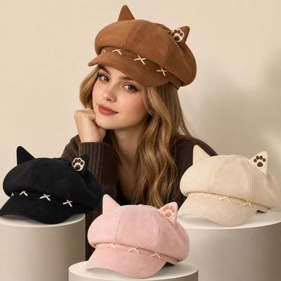Cat Ear Winter Hat Warm Octagonal Hat Cute Painter Beret Hat  Women