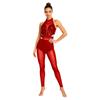 Women Gymnastics Unitard Halter Backless Sequin Bodice Hollow Out Waist Sheer Mesh Leggings Built-in Briefs Rompers Jumpsuit for Competition Stage