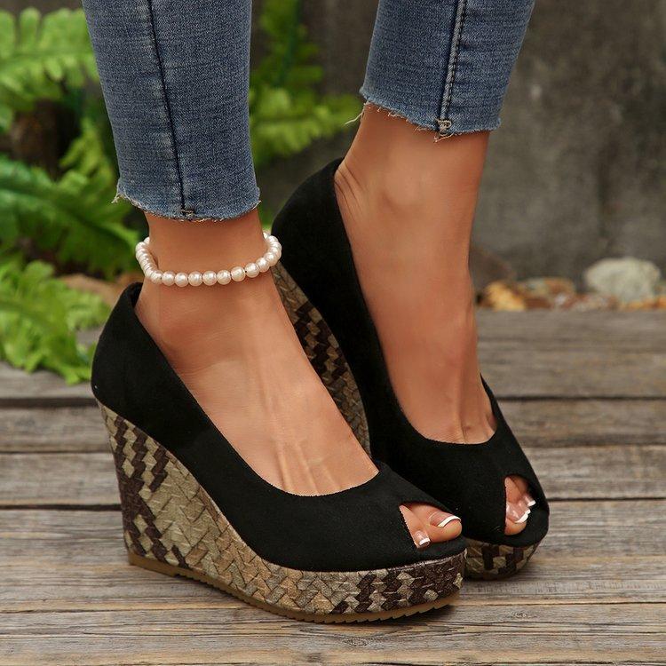 European and American large size fish mouth wedge heel high heel single shoes women's autumn new shallow mouth foreign trade one-pedal single shoes