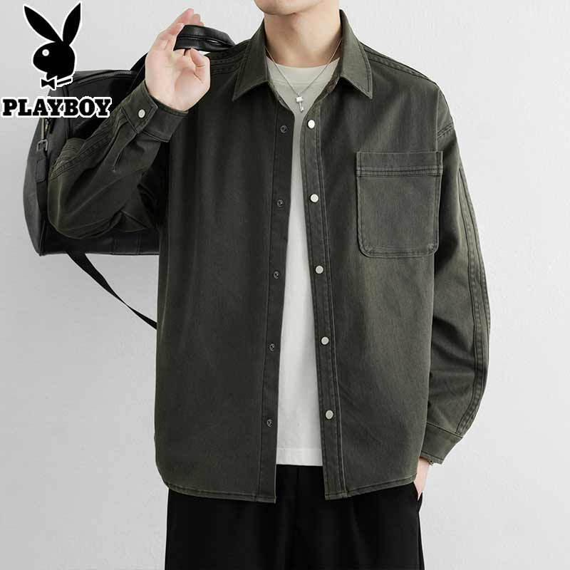 PLAYBOY Men's Washed Casual Long Sleeve Shirt