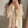 Spring Summer Long Sleeved Knitted Sunscreen Shirt See Through Retro Casual Simple Loose Hollow Out Thin Blouse V Neck Solid Color Top Clothing