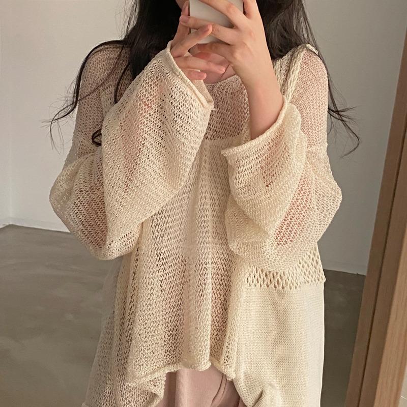 Spring Summer Long Sleeved Knitted Sunscreen Shirt See Through Retro Casual Simple Loose Hollow Out Thin Blouse V Neck Solid Color Top Clothing