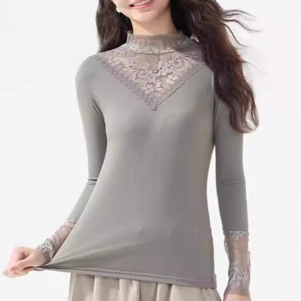 Lace top women's long-sleeved autumn and winter new large-size women's clothing semi-turtleneck mesh inner bottoming shirt