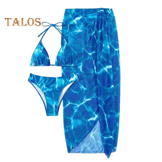 3 Pcs/Set Women Swimsuit Set Tie-dye Lace-up Halter Neck Color Matching Revealing High Waist Wireless Summer Beach Swimwear Bathing Suit Wading