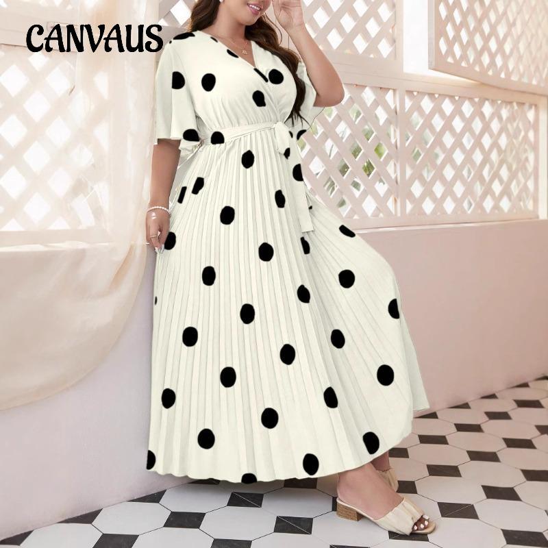Plus Size Women's Summer New Polka Dot Simple Elastic Waist Printed Pleated Long Dress