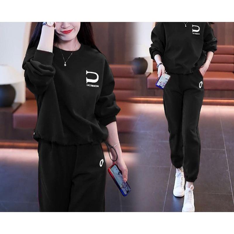 

Повсякденний спортивний костюм для жінок - Весна/Осінь Модний корейський стиль Вільний Худі з круглим вирізом Великого розміру Комплект з двох предметів 3XL чорний