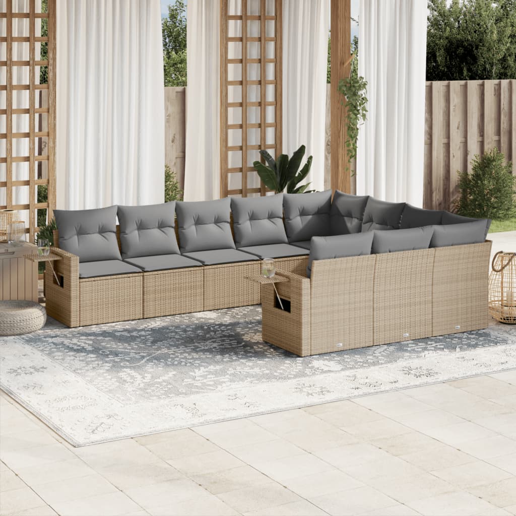 Vidaxl 10-Cz. Garden Furniture Set With Cushions, Beige, Poly Rattan