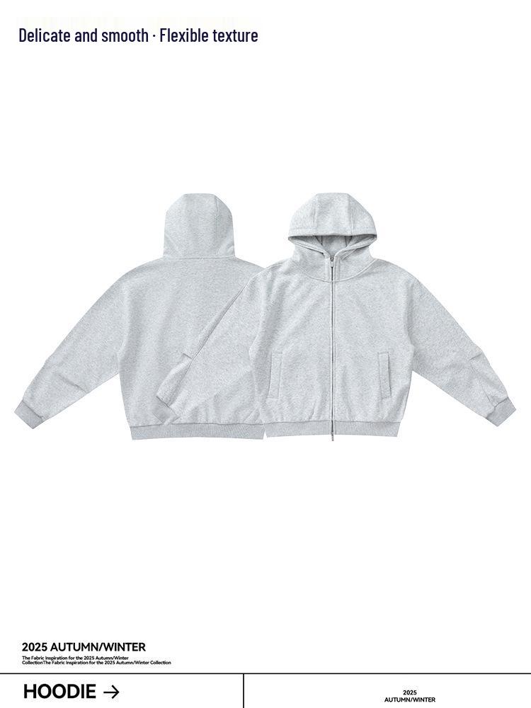 Men's Heavyweight Silk Wool Hooded Sweatshirt with High Collar and Zipper - 580g Plus Velvet Warm Jacket