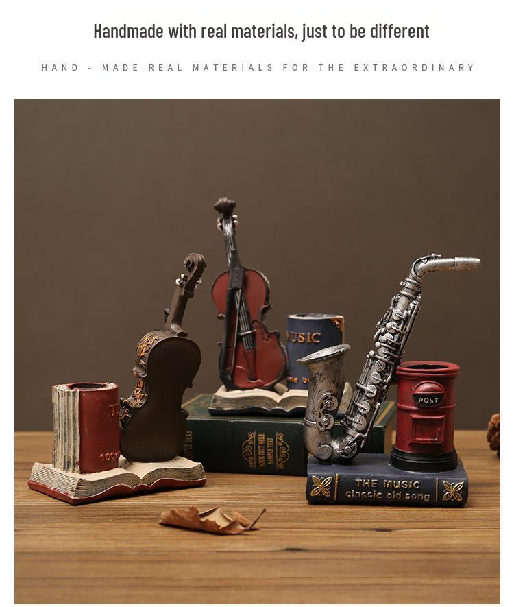 American-Style Saxophone & Violin Resin Pen Holder Desk Ornament for Office and Home Decor