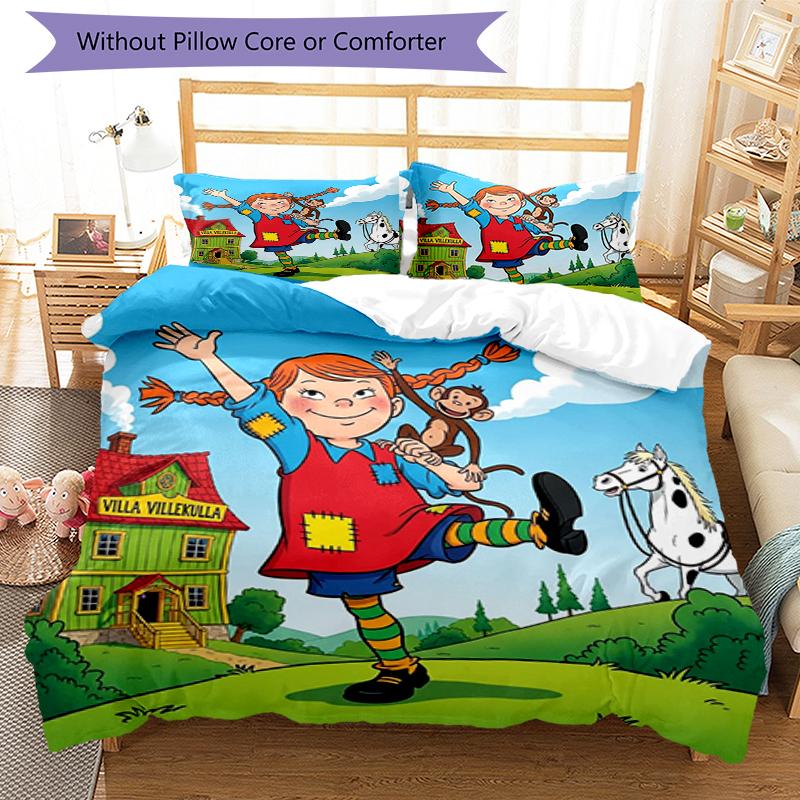 3pcs Pippi Longstocking Bedding Set Duvet Cover Closure Includes 1 Duvet Cover & 2 Pillowcases, Soft and Comfortable for All Seasons.