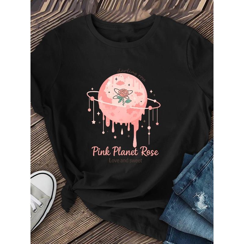 Women'S "Pink Planet Rose" Printed Short-sleeved T-shirt Moderate Elasticity, Machine Washable, Crew Neck, Fashionable Design, 2026 New Style