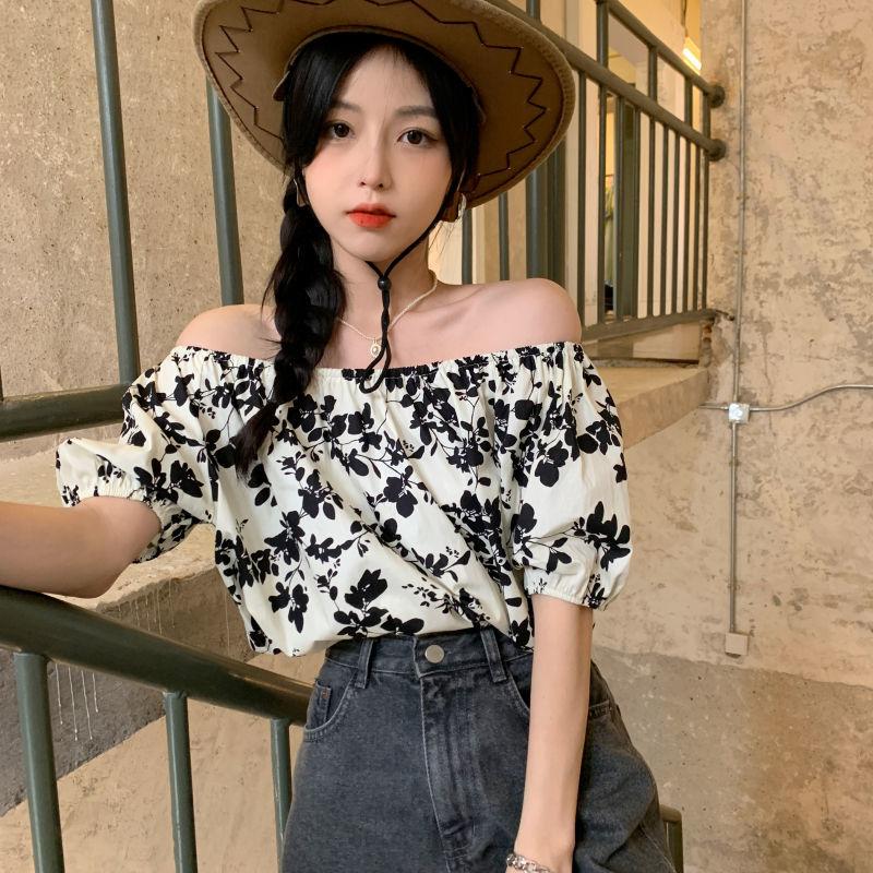 Jednodílný top s výstřihem, květinová šifonová košile, dámské tričko, volné, odhalující ramena, krátký rukáv