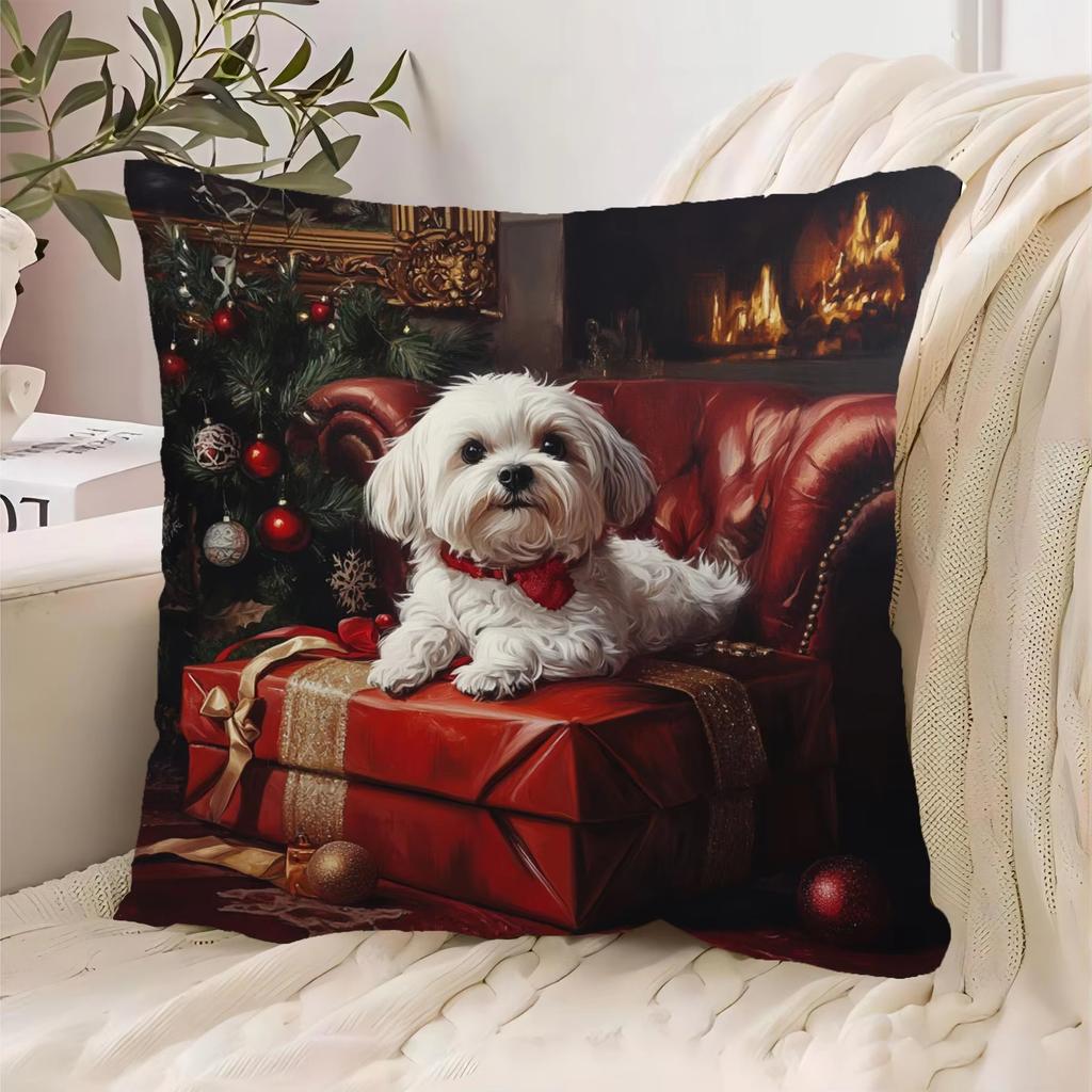 Cute Maltese Puppy Christmas Pillow Cover, Double Sided Soft Polyester 2D Print Cushion for Sofa Bedroom Living Room New Year