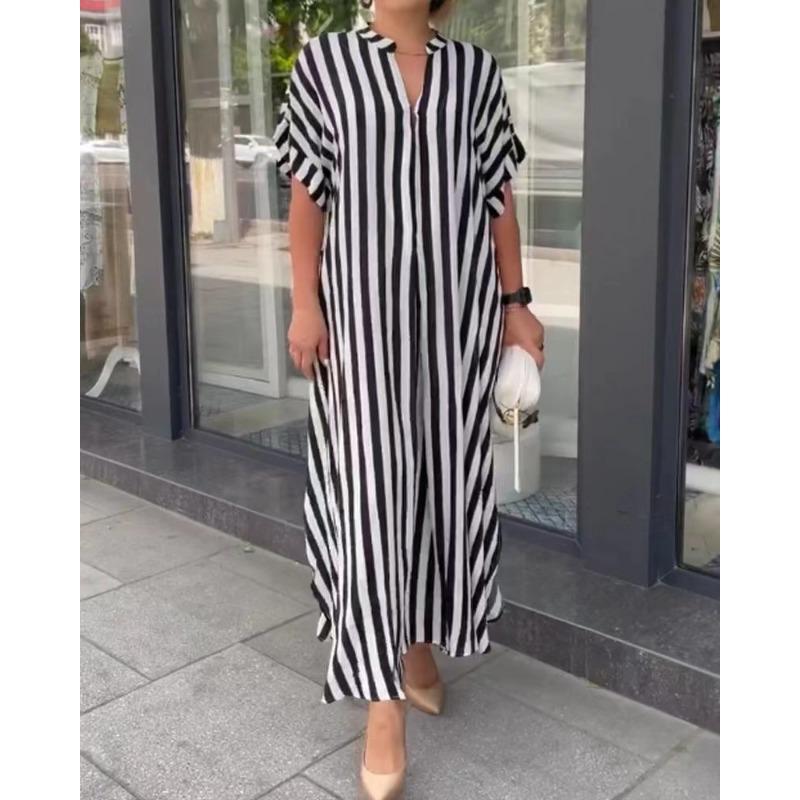 Women's Fashion Side Slit Striped Cardigan Women's Short-sleeved Dress
