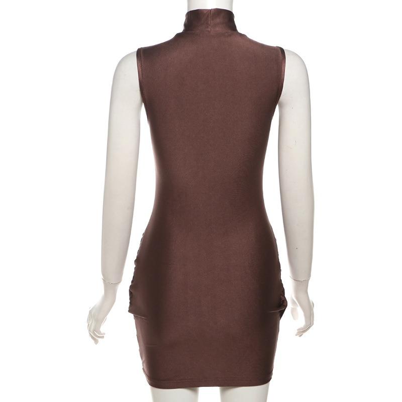 Fashion Elegant Half High Neck Sleeveless Dress New Solid Color Pleated Hip Casual Party Short Dress Female Simple Women's Clothing 3058