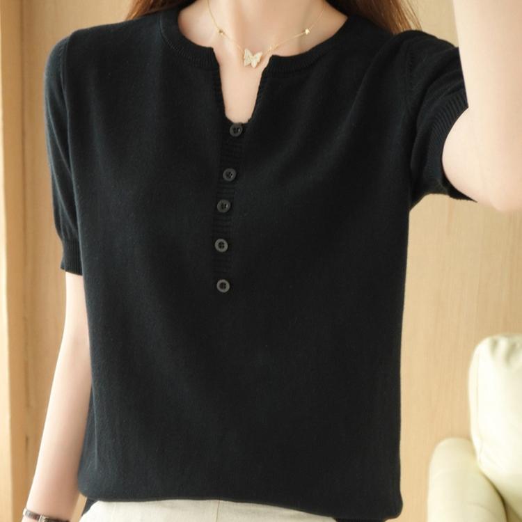 IHUASU Women's Summer Thin New Solid Colour Line Short Sleeve Knitted T-Shirt V-Neck Pullover Loose Half Sleeve Vest Top Cotton Line T-shirt