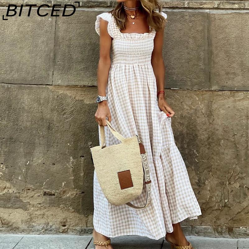 BITCED Women s Summer Elegant Dress: Patchwork Check Halter Neck Elasticated Wide-Hem Dress S