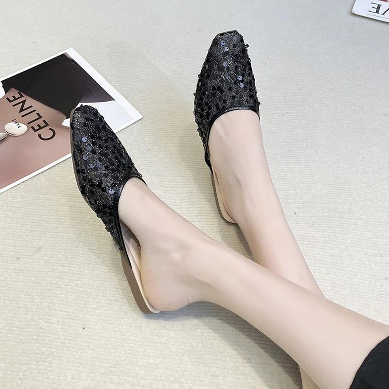 2025 ny sommar mode lyx platt klack festskor platta slip-on avslappnade bekväma damer diamant tofflor