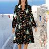Women's V-Neck Flowing Layered Bohemian Long Sleeve Halloween Print Dress