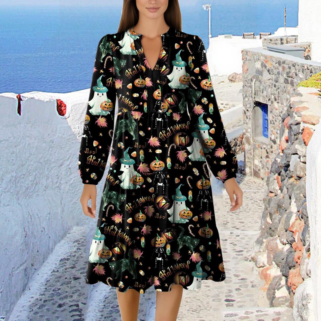 Women's V-Neck Flowing Layered Bohemian Long Sleeve Halloween Print Dress