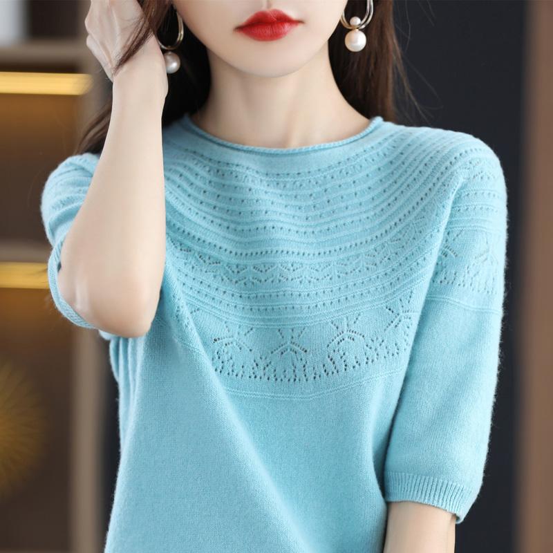 Women Knit T-shirt 100% Wool MODERN NEW SAGA Summer Knitted Shirt Short Sleeve Tees O-neck Pullover Knit Tops