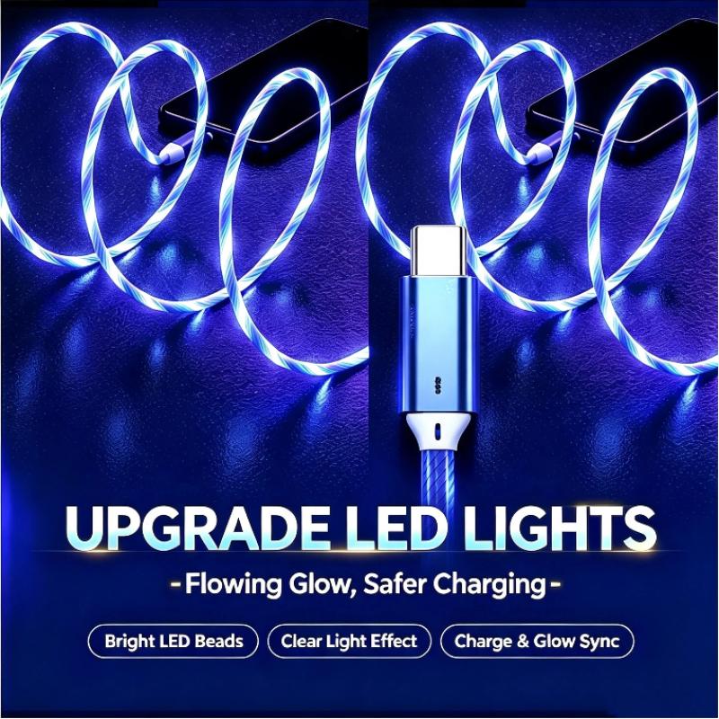 USB Fast Charging Cable LED Flowing Light Effect Waterproof Durable Cord for Car Outdoor Camping Phone Charge