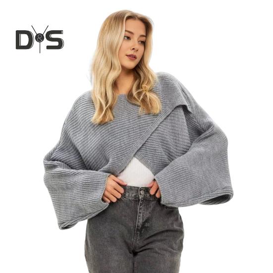 

Женский свитер с круглым вырезом, летучая мышь, длинный рукав, однотонный, свободный крой, трикотажные топы, открытый пупок, нерегулярный перекрестный свитер серый