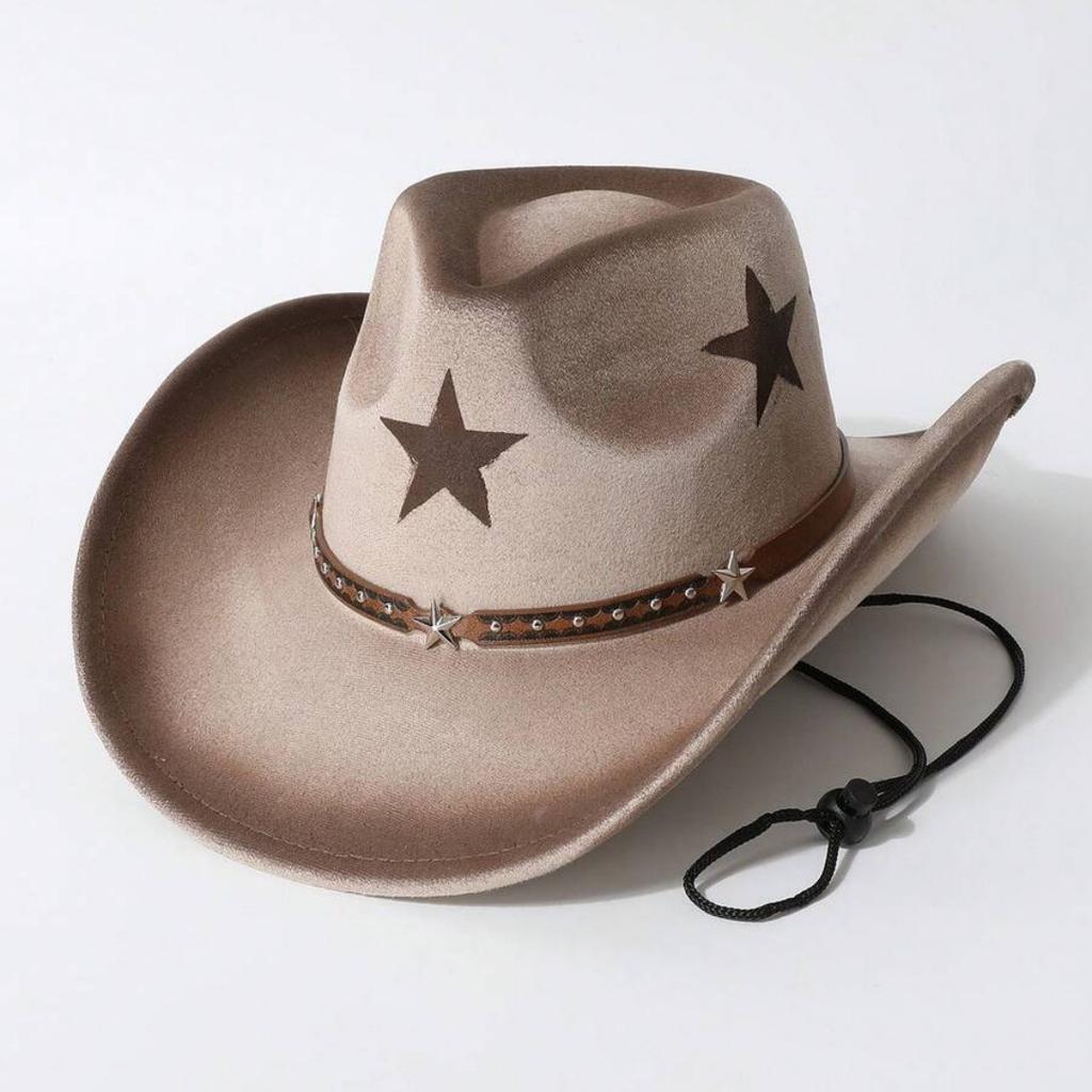 Western-style Tibetan Cowboy Hat for Men and Women, with Five-pointed Star Print, Faux Suede, Rivets, Wide Brim, Outdoor Riding Sun Protection Hat