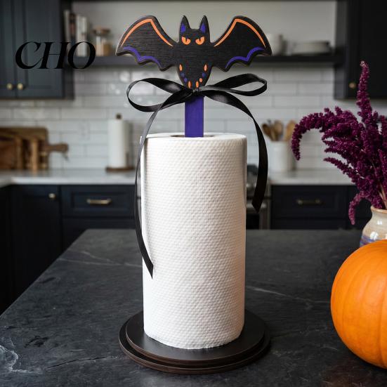 Wooden Kitchen Roll Stand Halloween Paper Towel Holder, Ghost/Pumpkin/Witch's Hat/Bat Decor, Country Style Home Accents Durable Wood Standing Reel for