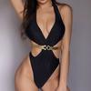 Women Sexy Hollow Out Halter Swimsuit Black One Piece with Buck Sexy Swimwear Beachwear Bathing Suit