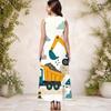 Women Plus Size Round Neck Sleeveless Cartoon Construction Vehicle Printed A Line Long Dress With Pockets
