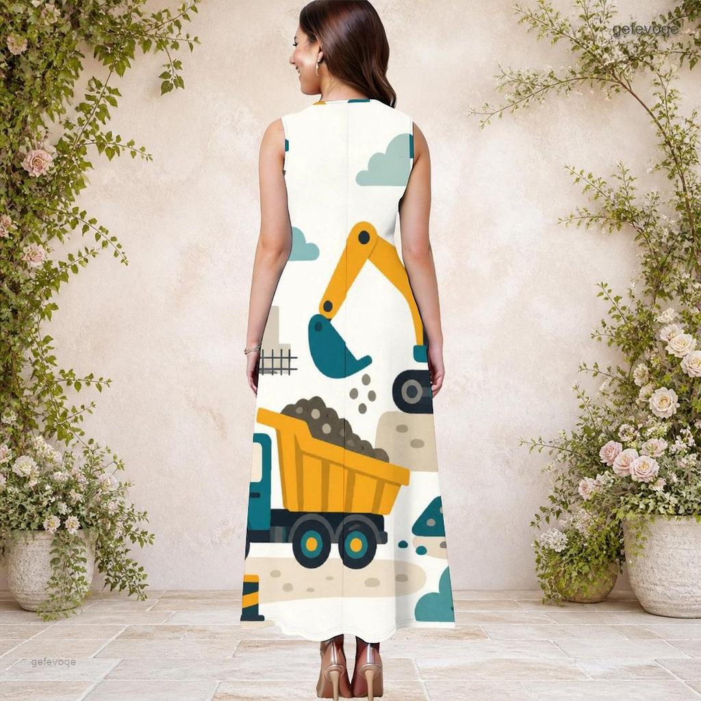 Women Plus Size Round Neck Sleeveless Cartoon Construction Vehicle Printed A Line Long Dress With Pockets
