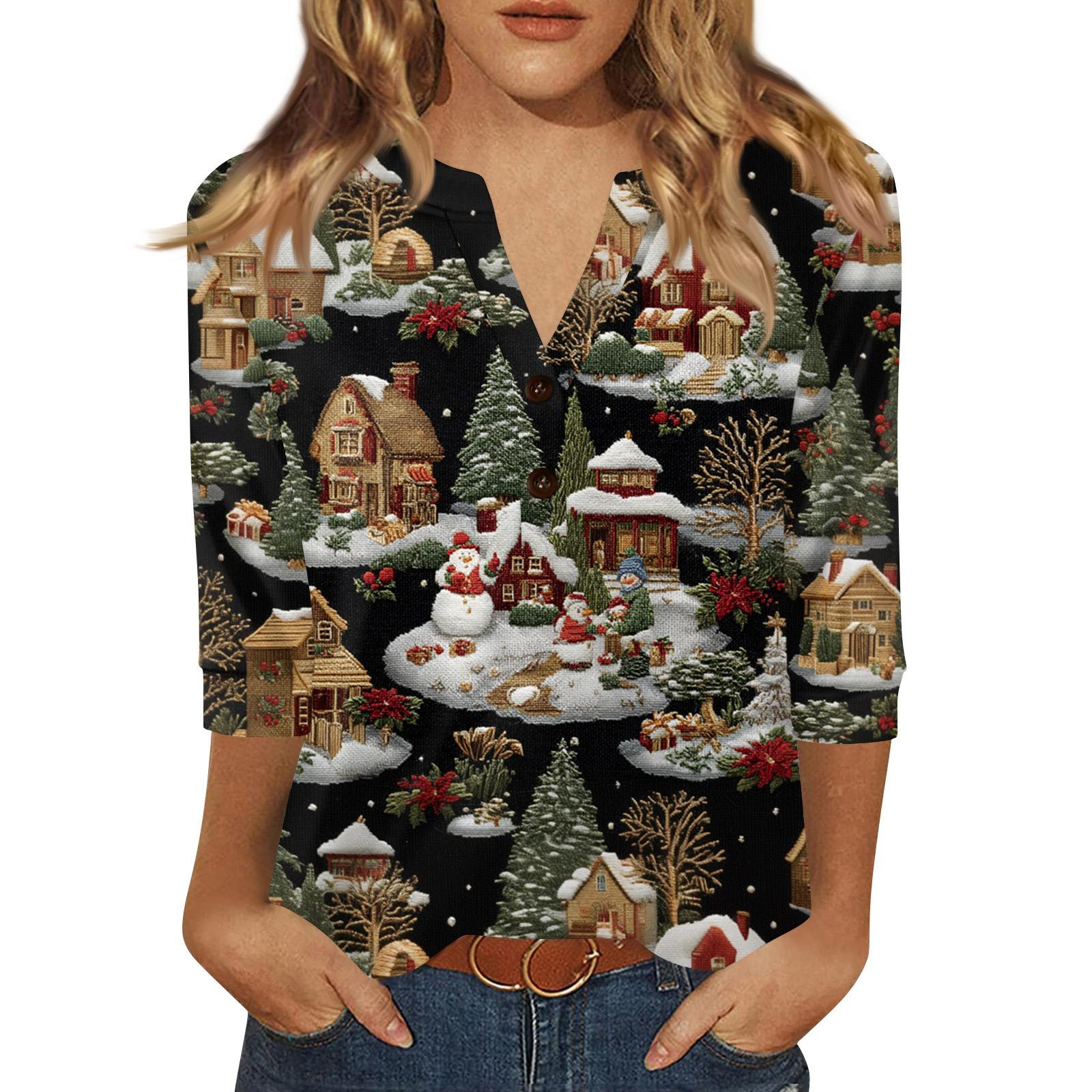 

Жен. Футболка С принтом Пуговицы Рукав 3/4 Повседневные Выходные Мода Классический Классический V-образный вырез Обычный Верх M тёмно-синий