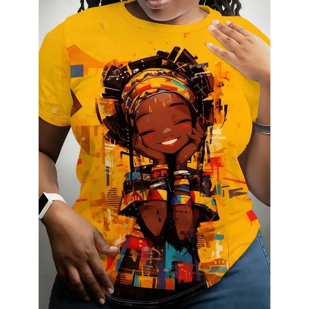 Fashionable Casual Comfortable Breathable Short Sleeved Round Neck T-shirt Summer Large Loose Creative Portrait 3D Printed Women's T-shirt