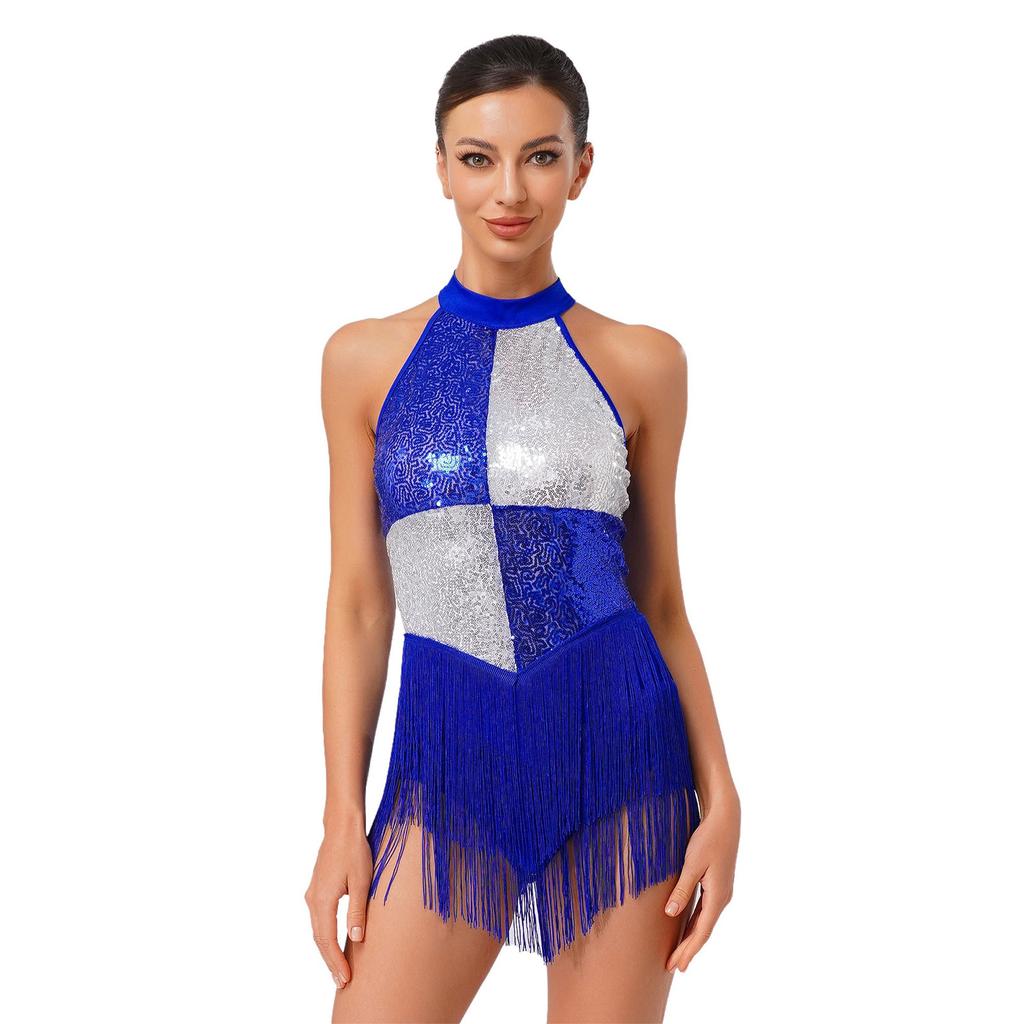 Womens Latin Dance Costume Sleeveless Backless Color Block Design Shiny Sequins Tassels Leotard