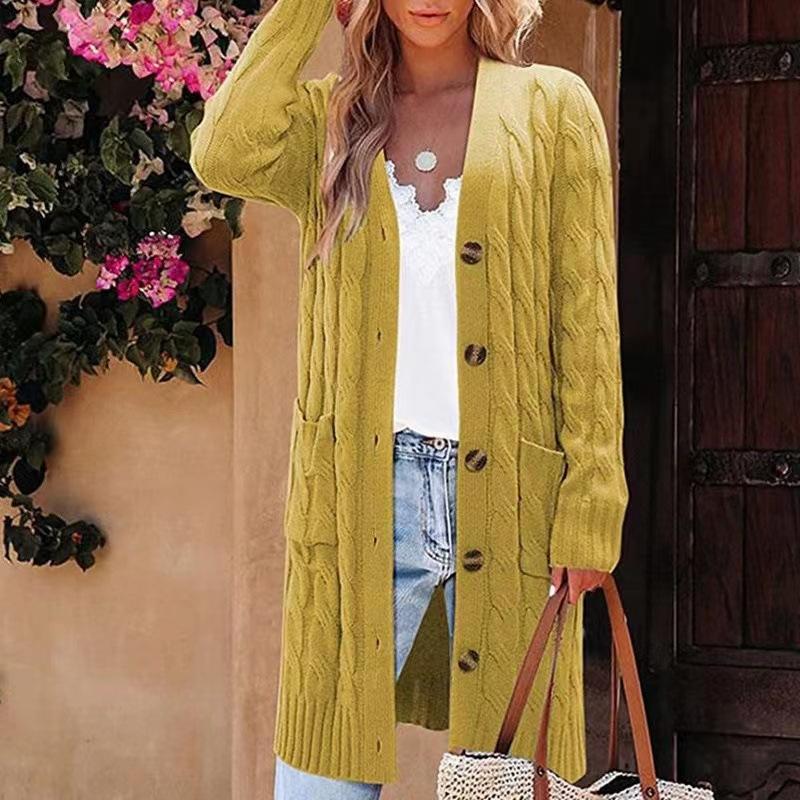 Solid Color Twisted Knit Long Cardigan with Single Buttons, New Vintage Style Pocket Sweater for Women, Suitable for Autumn And