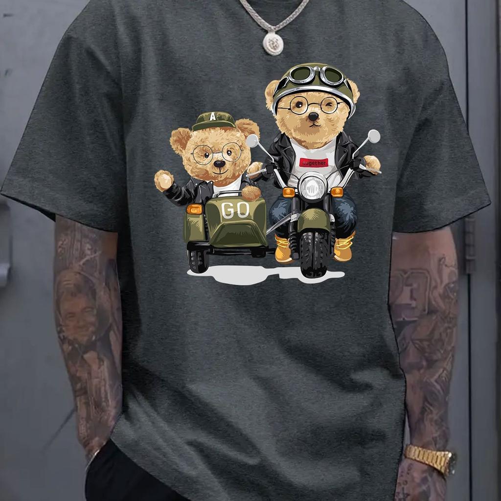 Summer 100 Cotton Fashionable Casual Sports Loose Cartoon Bear Pattern Printed Round Neck Short Sleeved Men's T-shirts