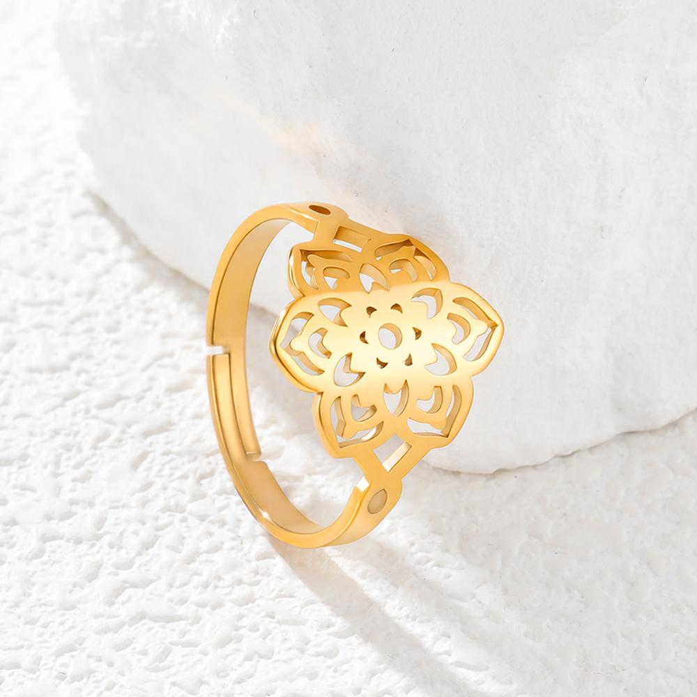 Dawapara Sacred Geometry Mandala Ring Lotus Flower Adjustable Women Ring Stainless Steel Buddhist Yoga Jewelry Spiritual Gift