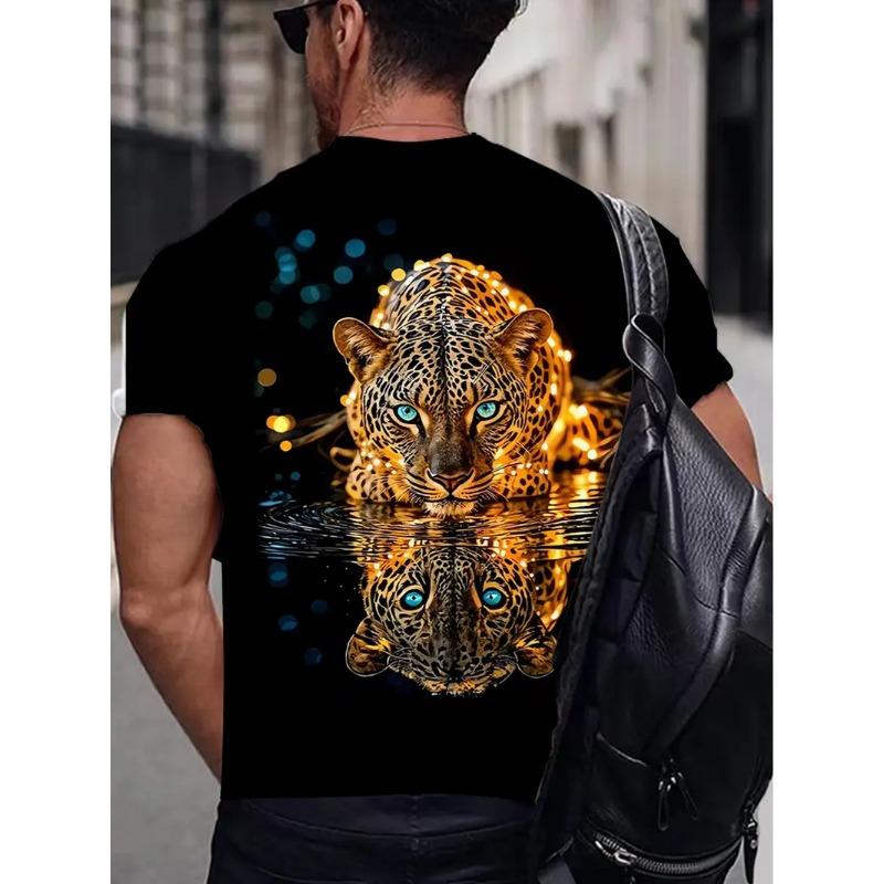 Men's Leopard Print T-shirt Sports Short Sleeved Crew Neck T-shirt for Summer Outdoor Fitness Workout Men's Clothing