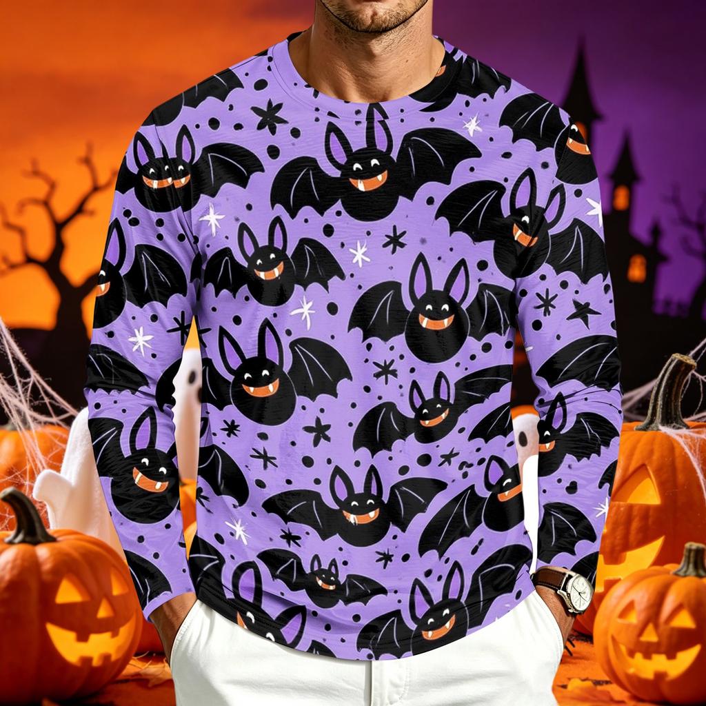 Men's Casual Long Sleeve Round Neck T-Shirt with Halloween Print for Holiday Parties
