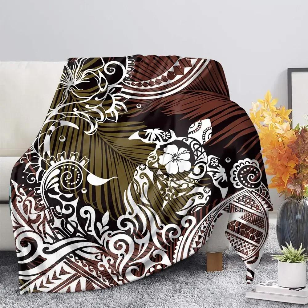 Polynesian Tribal Sea Turtle Pattern Black Flannel Throw Blanket Soft Cozy Lightweight Warm for Kids Adults Travel Camping Gifts