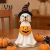 Resin Pumpkin Figures Halloween Ghost Dog Figurine, Wizard Hat Statue, Cute Tabletop Decor Miniature Statue for Entryway Bar Window Party, Lovely
