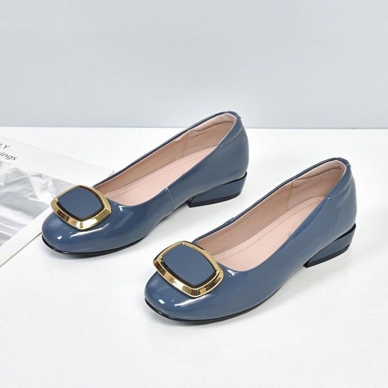 Women's Genuine Leather Chunky Heel Mid-Heel Square Buckle Shoes, 2022 Patent Soft Leather, Versatile Design.