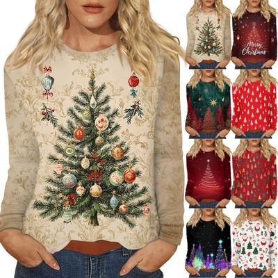Women's Fashion Casual Christmas Printed Round Neck Long Sleeve Pullover Top