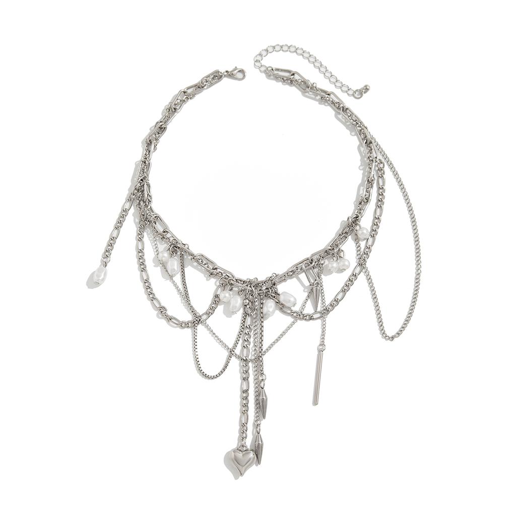 Women's Multilayer Tassel Love Heart Pendant Choker Necklace Trendy Punk Silver Color Metal Chain Party Jewelry Gift