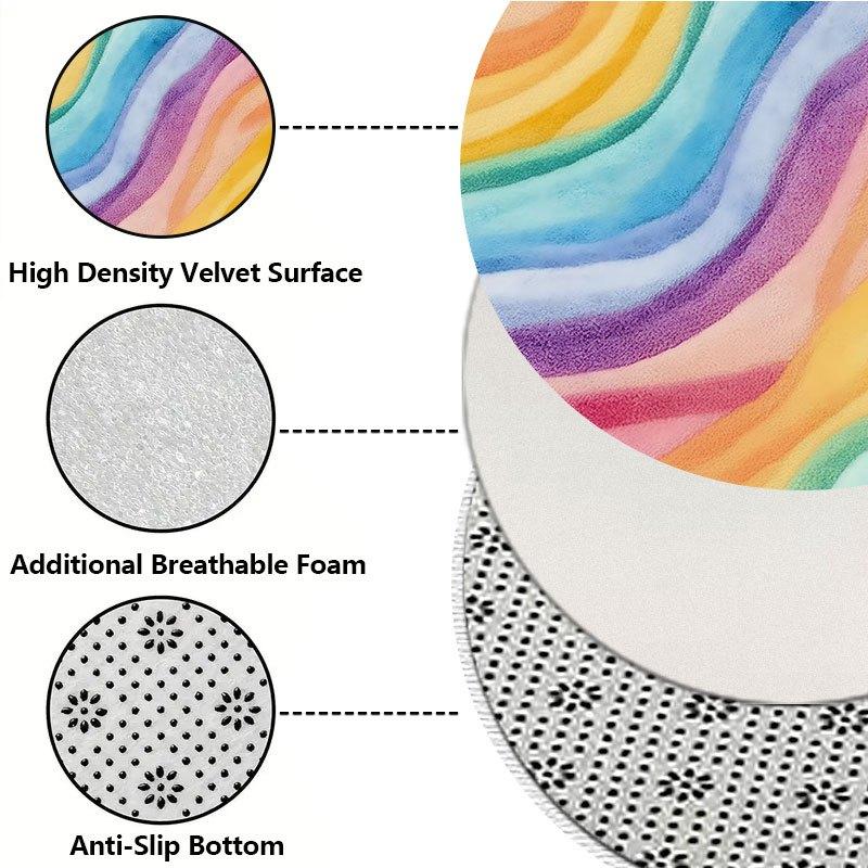 Rainbow-colored waves Flannel-printed round floor mats are slip-resistant Suitable living room bedroom terrace garden carpets
