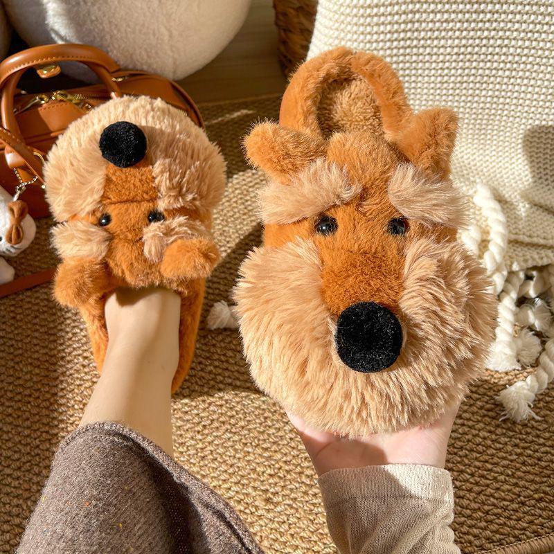 Women's Warm Furry Schnauzer Puppy Slippers - Cute Cartoon Cotton Indoor Footwear for Autumn & Winter