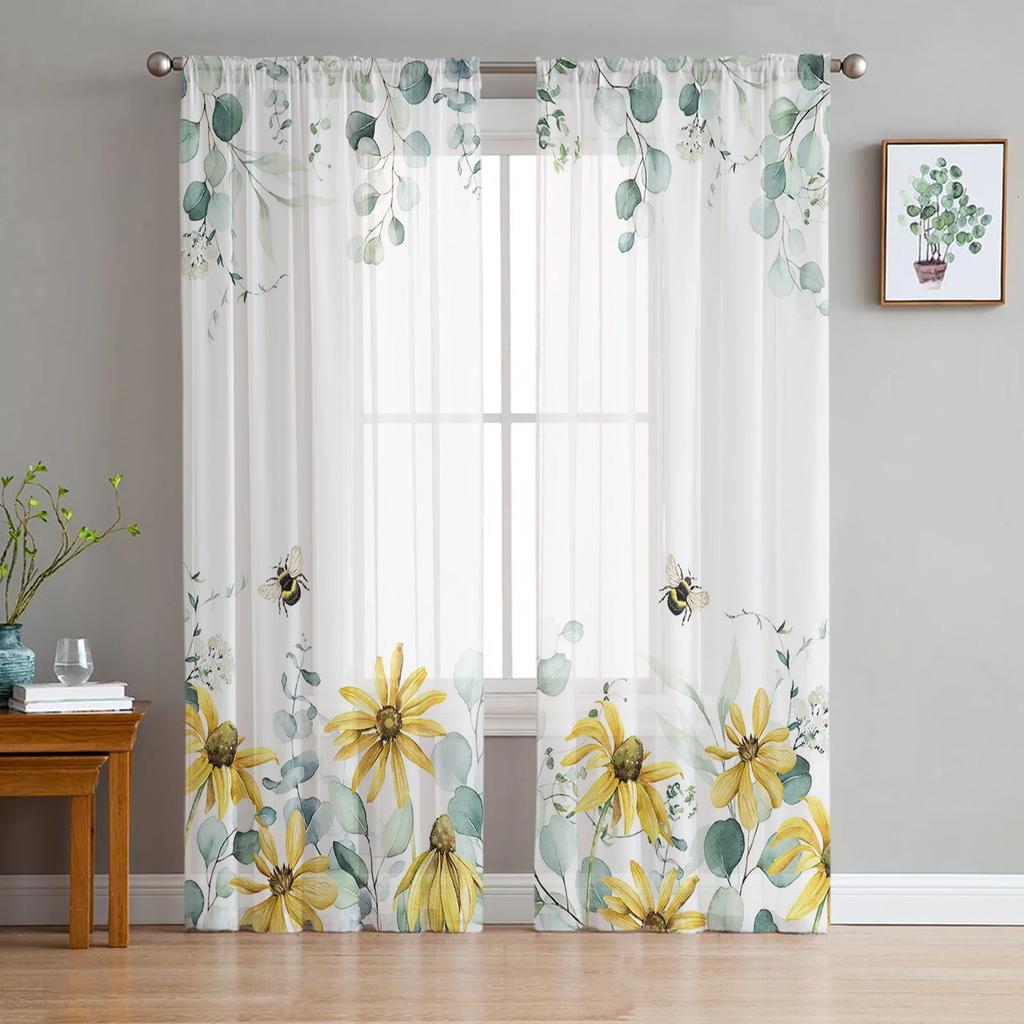 Bee Insect Golden Yellow Transparent Drapes for Bed Chamber Living Room Ornamentation Window Panel Curtain for Cooking Area Tulle Sheer Fabric