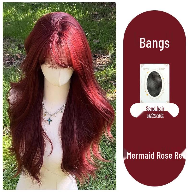Mermaid Rose Red Long Curly Wig with Air Bangs for Women
